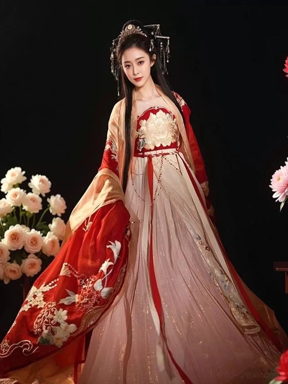 Three quarter view of red Tang Dynasty wedding hanfu featuring wide embroidered sleeves, peony embroidery at the bodice, and layered pink skirt