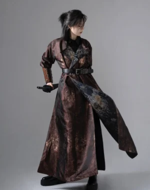 Tang Dynasty style reversible charcoal marbled hanfu coat worn as a long unisex swordsman robe with wide belt in front three-quarter view