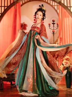 Tang Dynasty wedding hanfu bridal gown in rust red emerald green and ivory with phoenix embroidery wide sleeves and flowing train in a traditional Chinese wedding setting