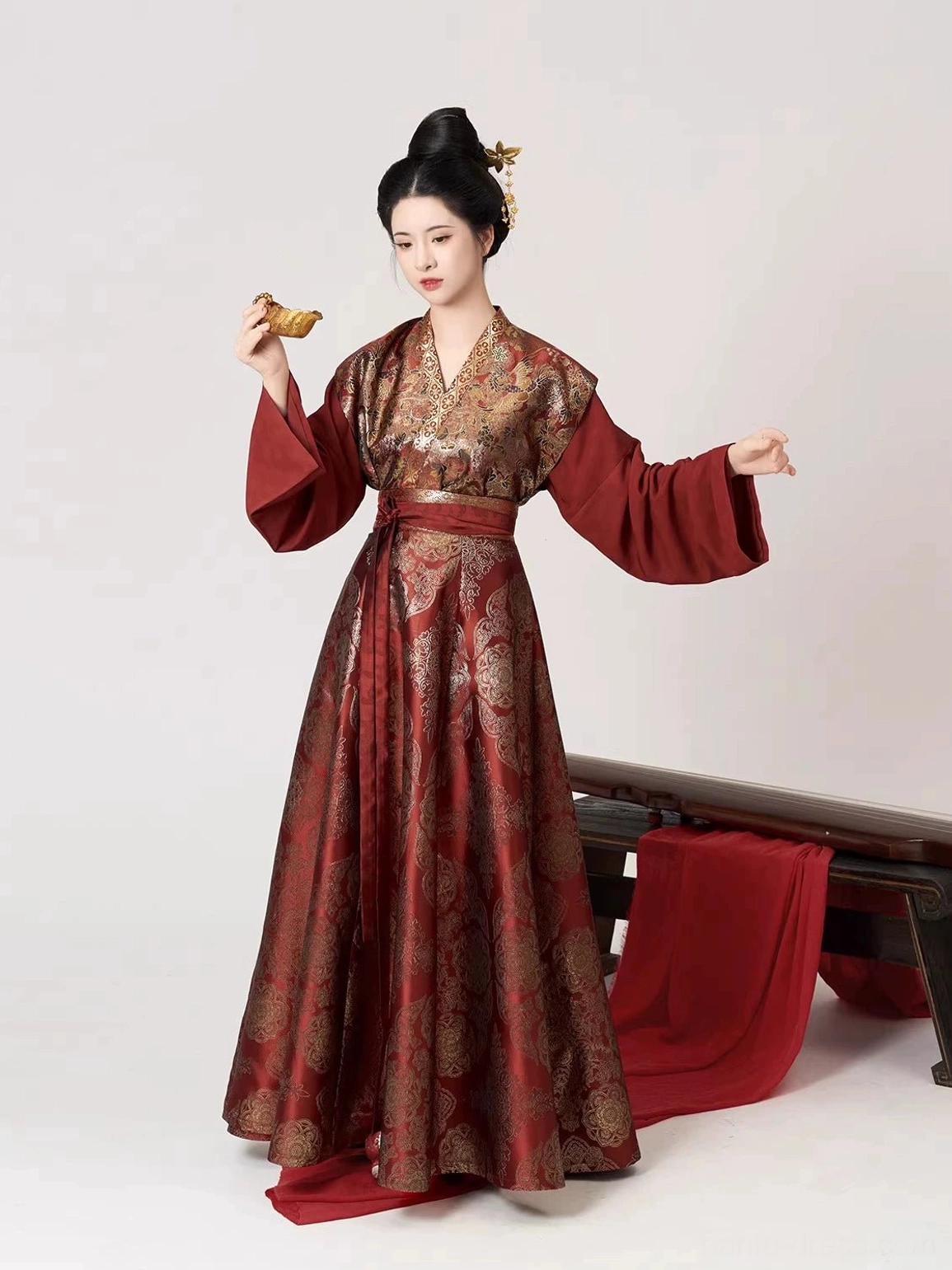 Tang Dynasty wine red Hanfu full set front view with gold floral Beizi overlay and flowing eight-panel wrap skirt