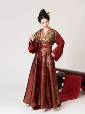 Tang Dynasty inspired wine red Hanfu set three-quarter view featuring gold patterned Beizi and floor-length skirt