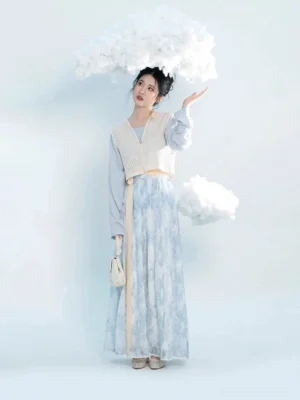 Full view of modern Tang Hanfu outfit with crocheted beige Beizi vest blue floral pleated skirt and matching white handbag
