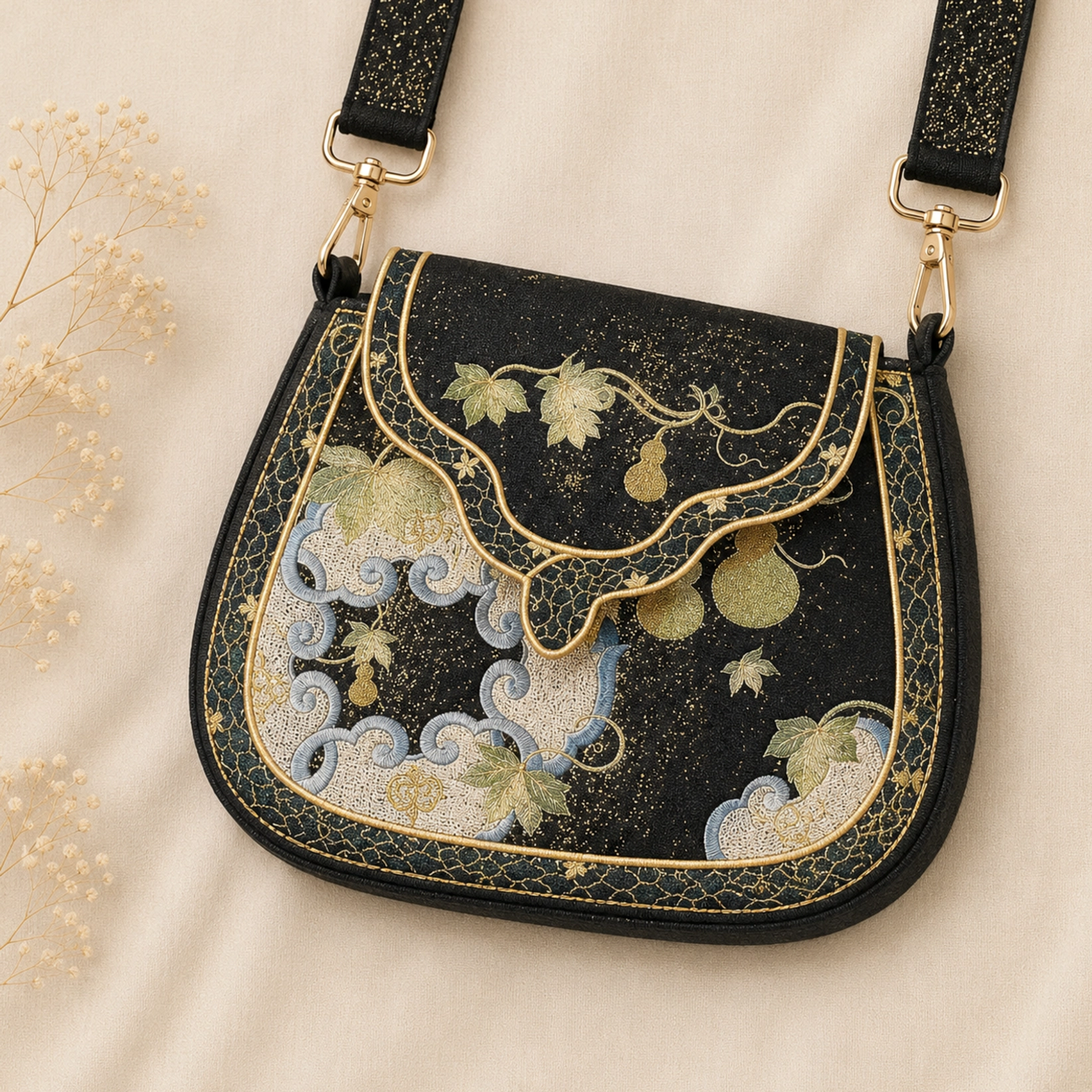 Tang-inspired black embroidered Chinese crossbody bag with gold gourd cloud motifs, gold piping, and glitter shoulder strap displayed on beige fabric