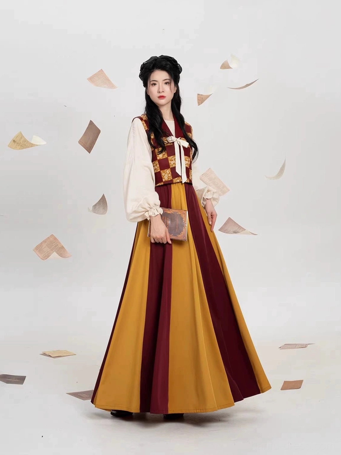 Front view of Tang inspired Hanfu outfit with vintage patterned beizi vest white neck bow cream puff sleeves and high-waisted color-block skirt