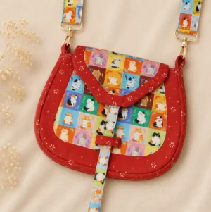 Tang-inspired lucky cat red canvas crossbody bag front flat lay with colorful cartoon cat patchwork flap and floral print