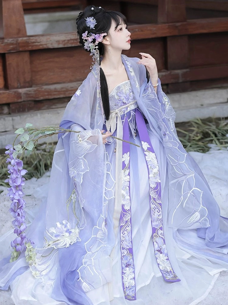 Side profile of a Tang-inspired purple Heziqun Hanfu dress with long flowing train, floral embroidery, matching sash, and white gradient outer coat