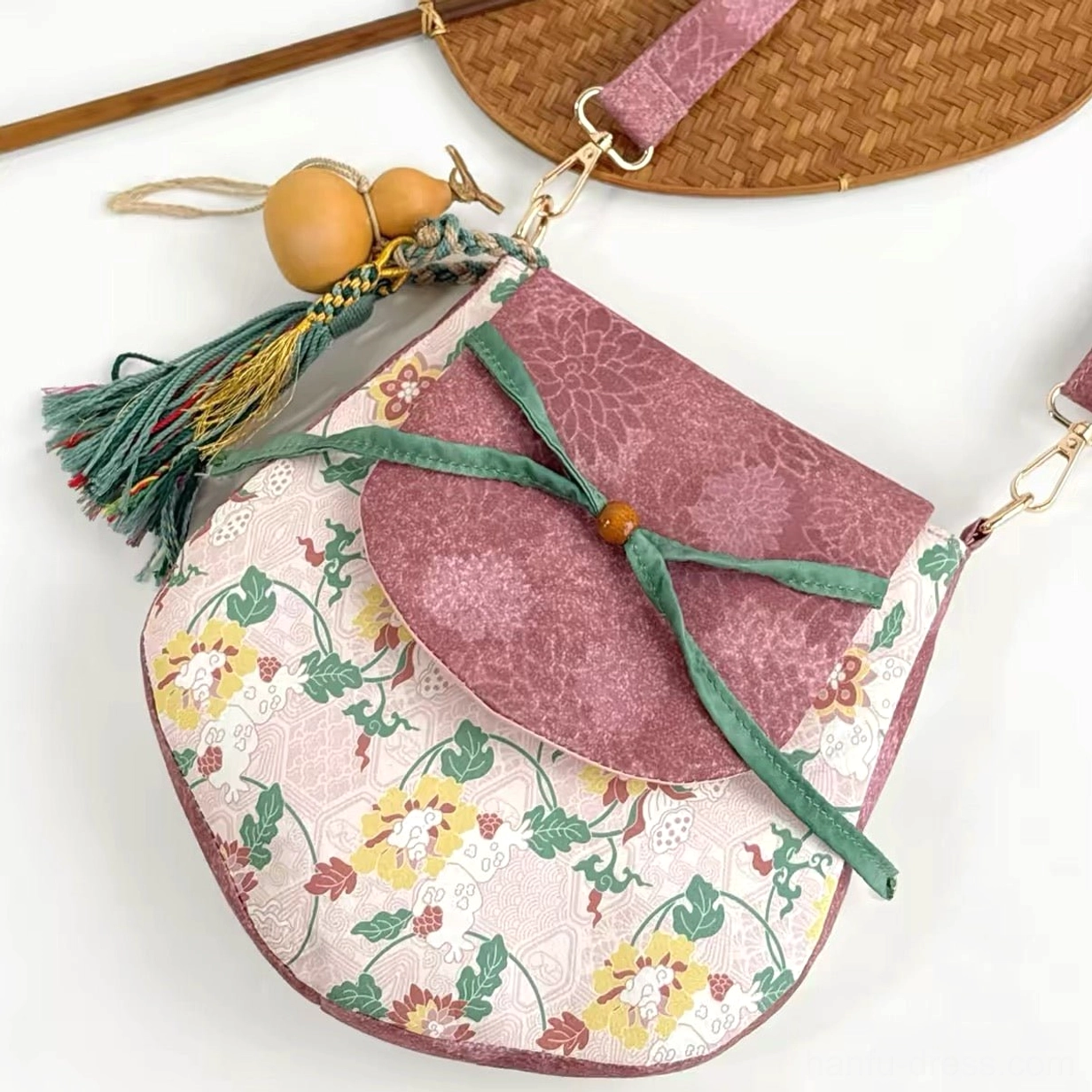 Tang-inspired spring garden floral crossbody bag with green ribbon bow vintage floral fabric and decorative gourd tassel charm