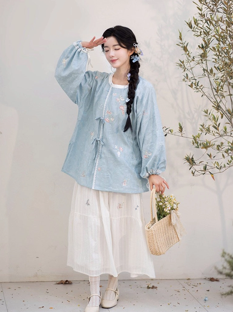 Tang style casual Hanfu two piece outfit with dusty blue embroidered top and white floral layered skirt