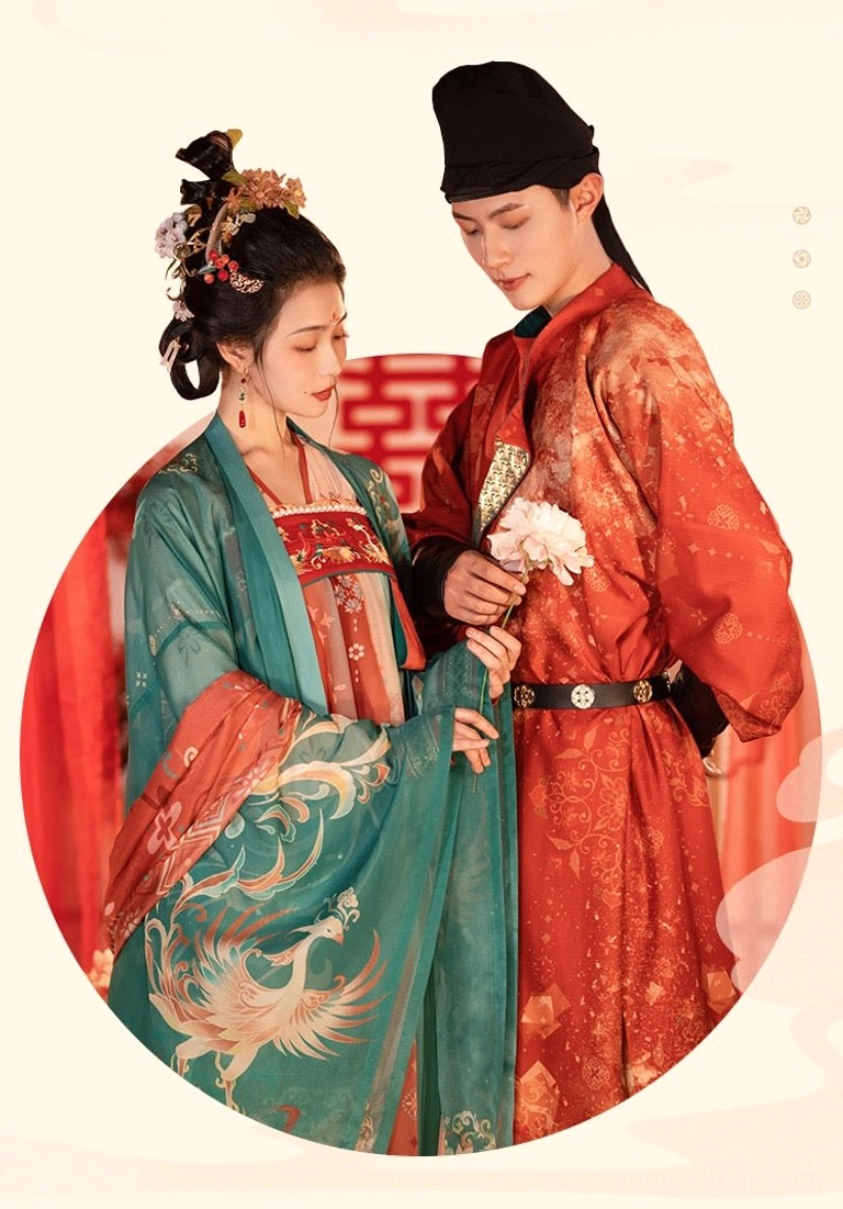 Close couple portrait in traditional Tang style Chinese wedding hanfu with red groom robe and phoenix embroidered bride outfit