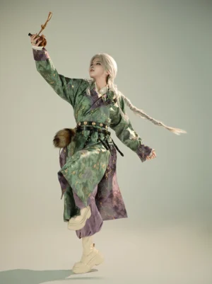 Dynamic side view of green Tang style round-neck Hanfu robe with flowing hem and purple inner layers