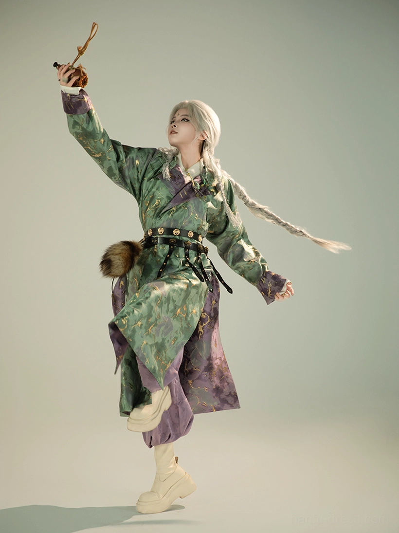 Dynamic side view of green Tang style round-neck Hanfu robe with flowing hem and purple inner layers
