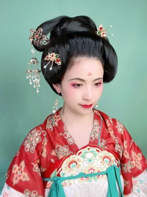 Woman wearing a Tang-style hanfu hairstyle decorated with multiple traditional Chinese gold filigree hairpins gemstone accents and tassel ornaments
