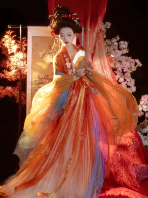 Tang-style Hanfu dress Heziqun model holding a folding fan, featuring a flowing gradient skirt, floral embroidered trims, and layered blue orange sleeves