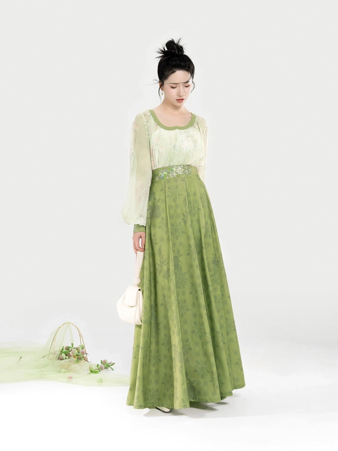Tang-style Hanfu outfit shown from a three-quarter rear view with sheer long sleeves, embroidered high waist, and tonal floral print sage green skirt