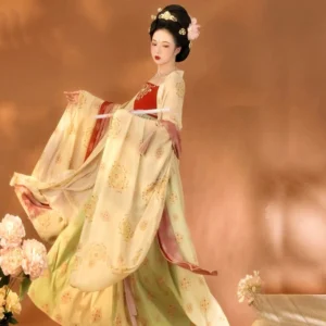 Side view of Tang-style Heziqun Hanfu showing cream floral outer robe, light green flowing skirt, and red embroidered bodice