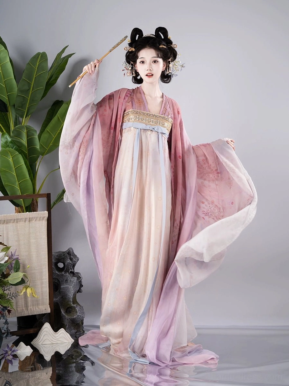 Tang style Qixiong Ruqun Hanfu model wearing gradient cream and pink purple chiffon layers, wide sleeves, golden chest panel, and blue waist strap