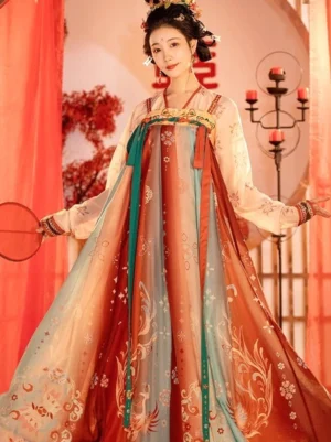 Tang style wedding hanfu dress with cream to burnt orange gradient skirt golden phoenix floral embroidery pearl chest trim and round silk fan