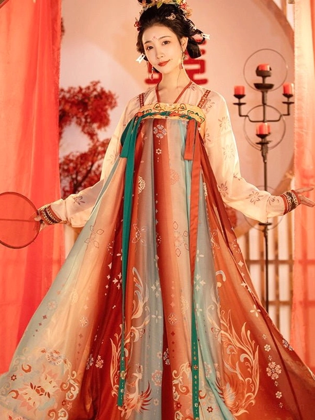 Tang style wedding hanfu dress with cream to burnt orange gradient skirt golden phoenix floral embroidery pearl chest trim and round silk fan