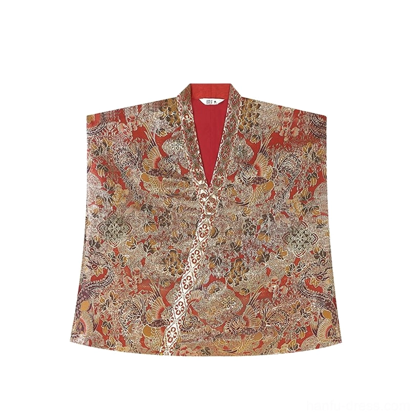 Tang style wine red Beizi overlay flat lay with ornate gold cloud and floral inspired pattern details