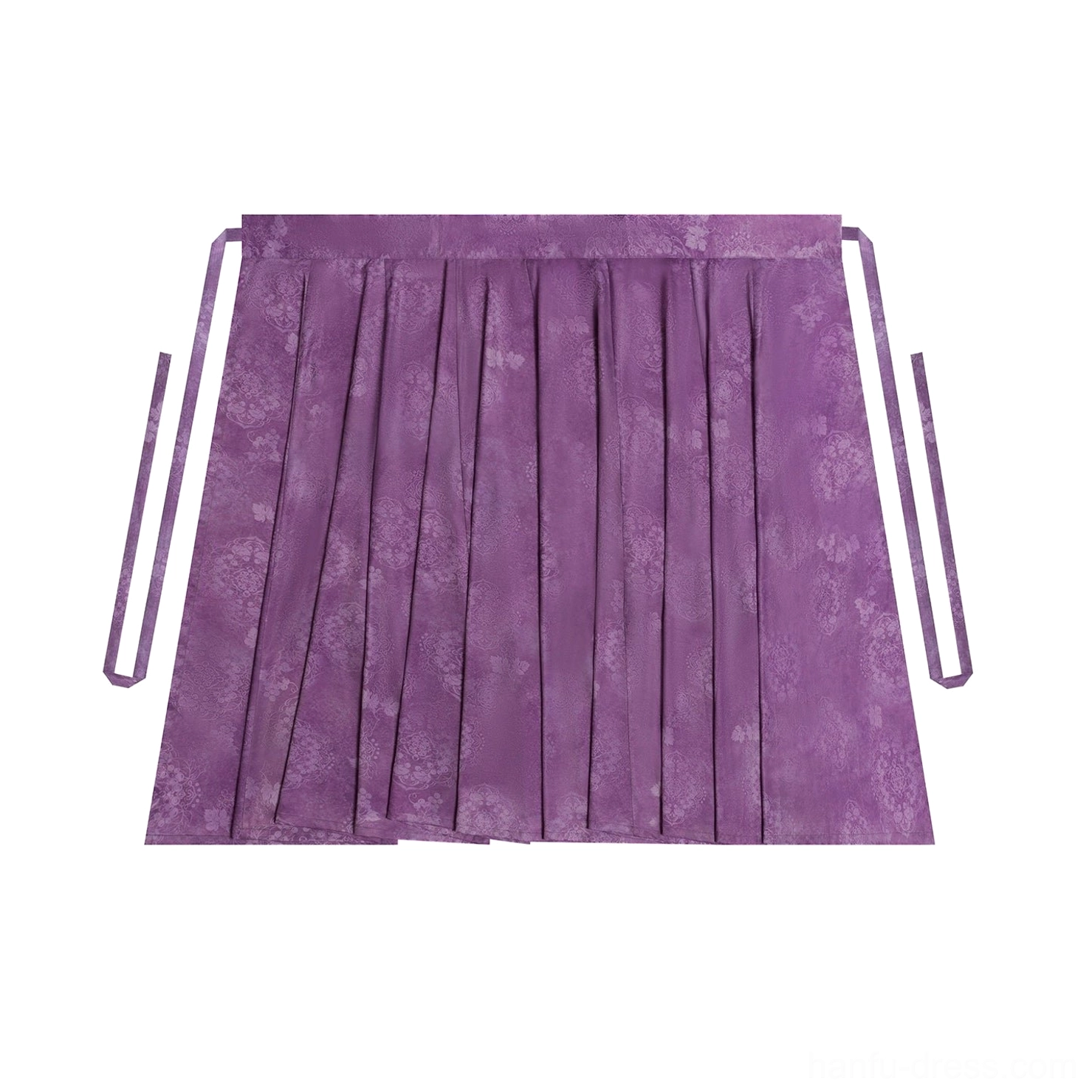 Deep purple eight-panel hanfu wrap skirt with tonal floral texture pleats and adjustable side tie straps