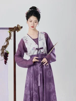 Front view of taro grape Tang Dynasty inspired hanfu set with watercolor grape butterfly beizi and purple wrap skirt