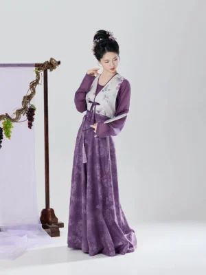 Taro grape Tang Dynasty hanfu full set with purple top printed beizi overlay and flowing eight-panel skirt worn by model