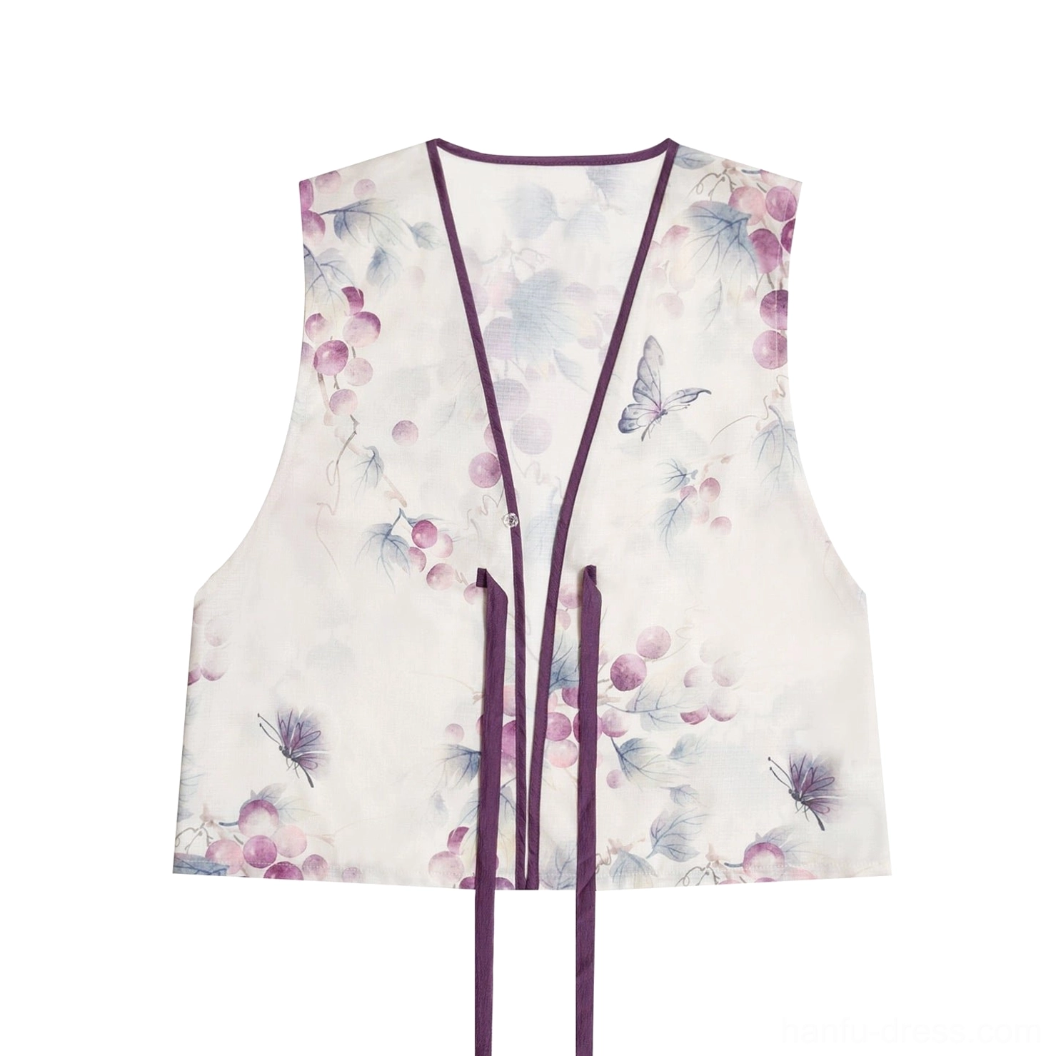 Watercolor grape and butterfly print Tang style beizi overlay with dark purple trim and traditional tie strings