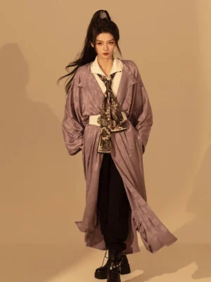 Full-length front view of a taro purple Tang Dynasty Hanfu robe with jacquard texture, flowing sleeves, white inner layer, printed scarf, and decorative waist belt