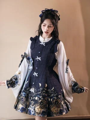 Close view of Tarot Moon Chinese Lolita dress showing decorative frog buttons ruffled shoulders and layered pipa sleeves