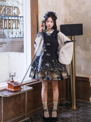 Tarot Moon Modern Hanfu Chinese Lolita full set with white pipa sleeve blouse and navy celestial pinafore dress