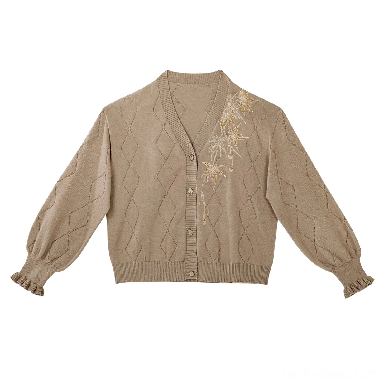 Flat lay view of a taupe rhombus knit cardigan with V neckline button front ruffled cuffs and golden maple leaf chest embroidery