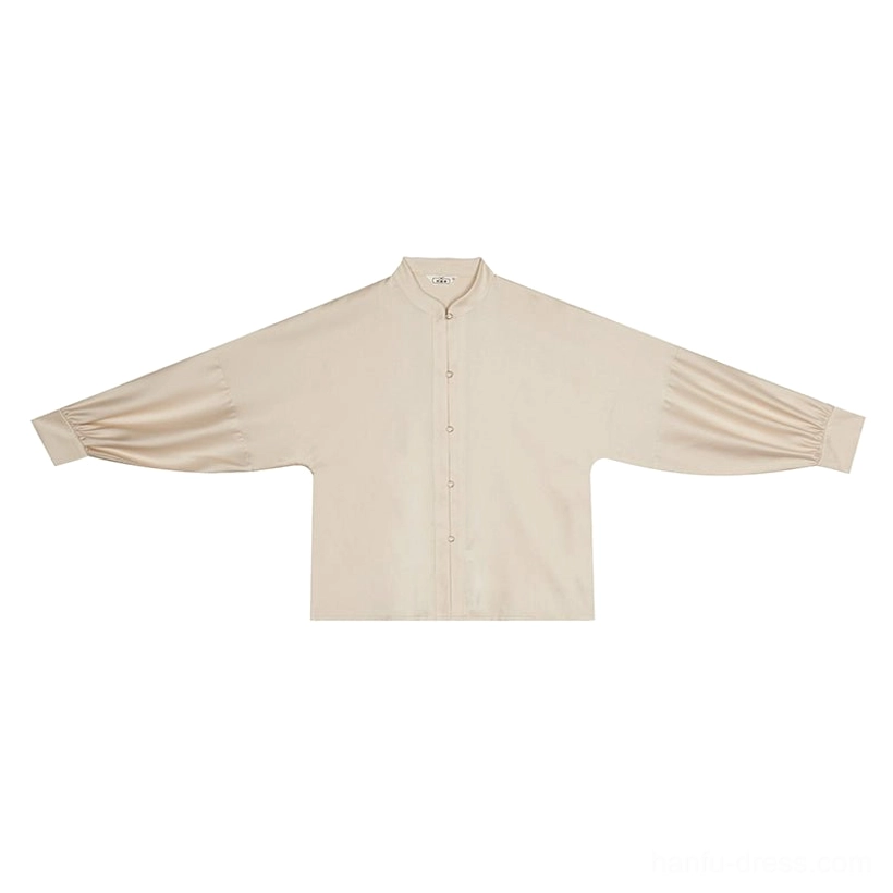 Flat lay of taupe stand-collar Hanfu long-sleeve coat with button-down front closure and traditional Chinese minimalist silhouette