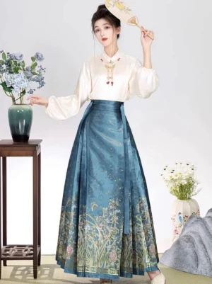 Full length teal blue Ming Dynasty inspired Hanfu set with pleated mamian skirt horse face skirt and traditional fan