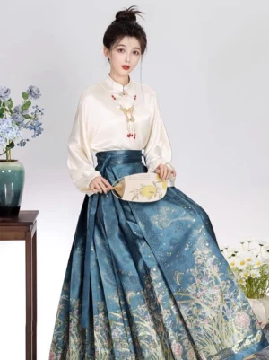 Teal blue modern Ming style Hanfu mamianqun horse face skirt set with white stand collar top and gilded floral hem