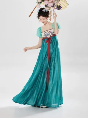 Teal green modern Hanfu Regency embroidered maxi dress shown from a three-quarter angle with mint puff sleeves and a red waist sash