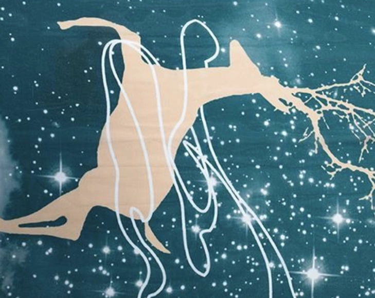 Close-up of teal hanfu skirt fabric with sparkling star effects, flying deer silhouette, bare branches, and white printed line details