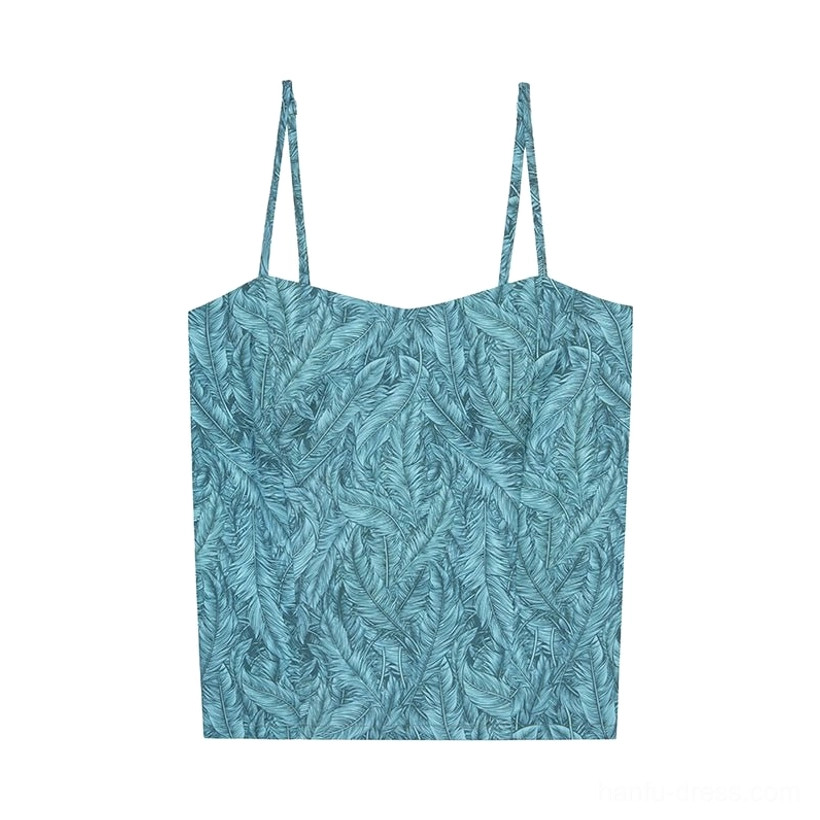 Teal blue peacock feather print Hanfu camisole with slim straps and shaped neckline flat lay product view
