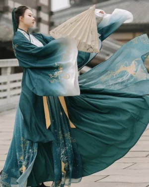Teal gradient wuxia hanfu ruqun with flowing fabric and yellow waist sash, modeled with an oil paper umbrella in an ancient Chinese town