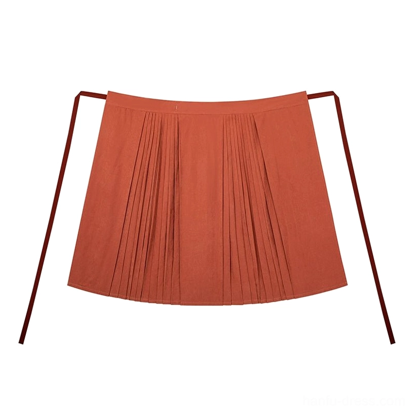 Terracotta red pleated Mamianqun horse-face skirt with full pleats and wine red waist ties in Ming style Hanfu design