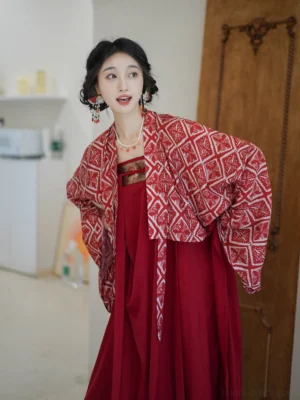 Close-up view of a modern Tang Hanfu cardigan with red and white diamond pattern, wine-red dress neckline, traditional hairstyle, and vintage jewelry