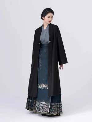 Full three-piece Chinese Hanfu outfit with black long coat gray blouse and dark teal mamian skirt shown from the front
