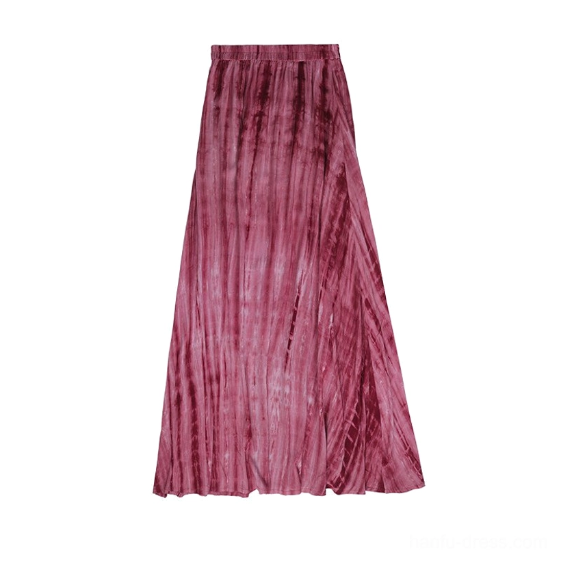 Tie-dye floor-length maxi skirt with elastic high waist, pleated flowing rayon fabric, pink-red base, and vertical burgundy stripes
