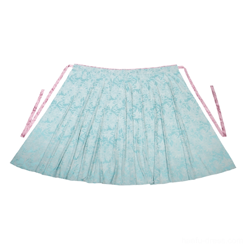 Cyan blue-green Tang Dynasty Hanfu eight-panel wrap skirt with delicate leaf print pleats and long pink sash ties flat lay