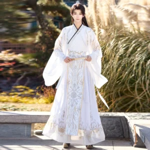 White and gold Wei Jin Dynasty hanfu for men full set in a front full-body view featuring cross-collar top wide-sleeve outer robe and embroidered skirt