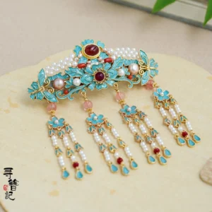 Traditional Chinese blue floral tassel hair comb ornament for Hanfu updo with pearl beads and water-drop pendants