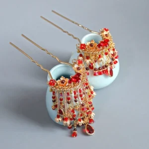 Pair of traditional Chinese bridal hanfu hair pins with gold double prongs long red beaded tassels and teardrop gems