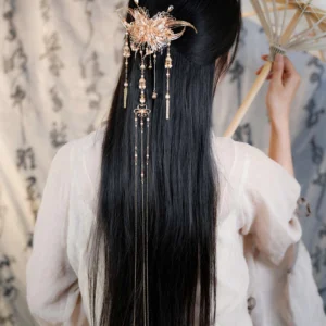 Traditional Chinese butterfly tassel hair ornament styled at the back of a Hanfu hairstyle with flowing long hair