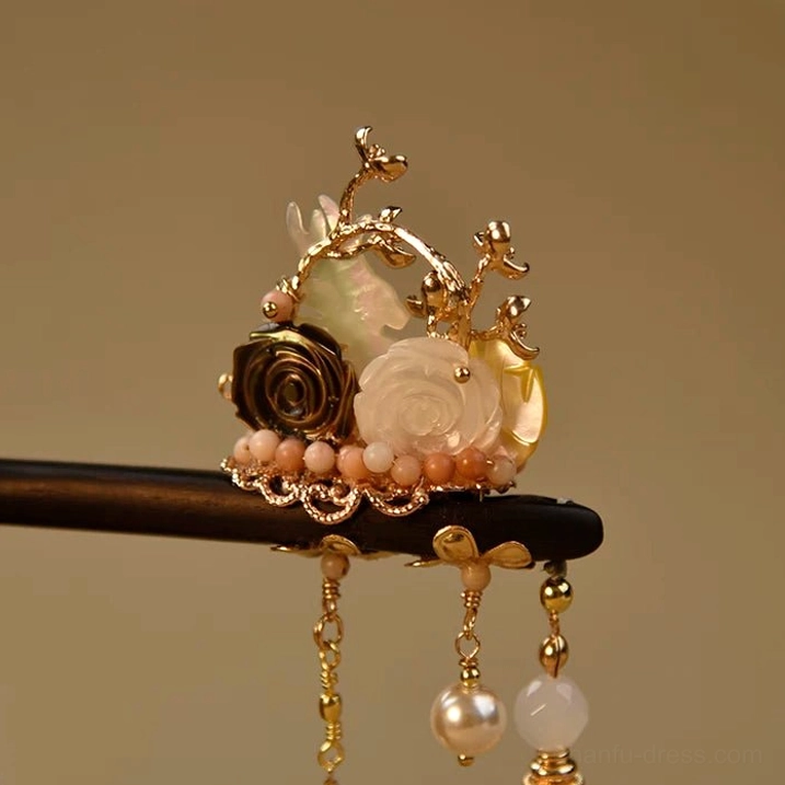 Traditional Chinese wooden hair stick with floral basket inspired shell carvings, gold filigree frame, pink bead trim and pearl chain tassels