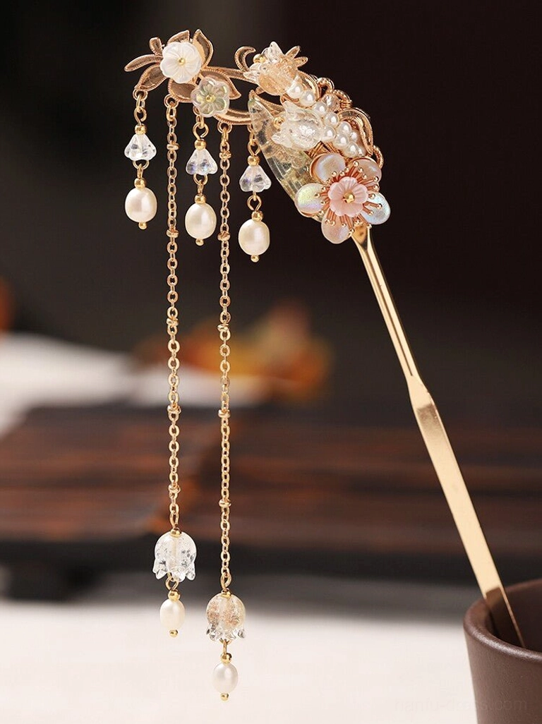 Traditional Chinese hair stick with pink flowers, imitation pearls, lily-of-the-valley crystal pendants, and long decorative tassels