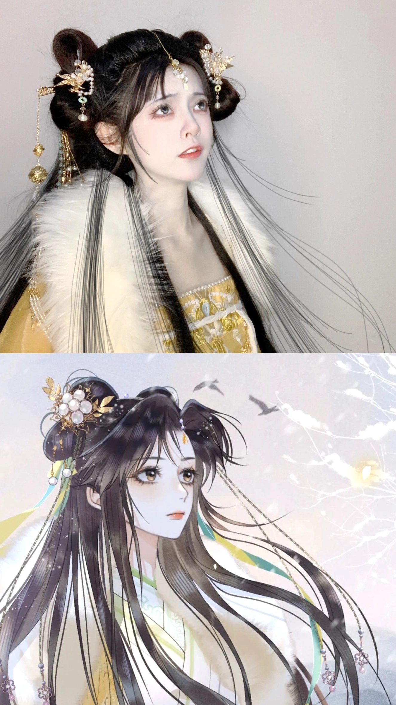 Side profile of Hanfu hair accessories styled on double buns with floral carved hairpins, forehead chain, pearl accents, and flowing yellow tassels